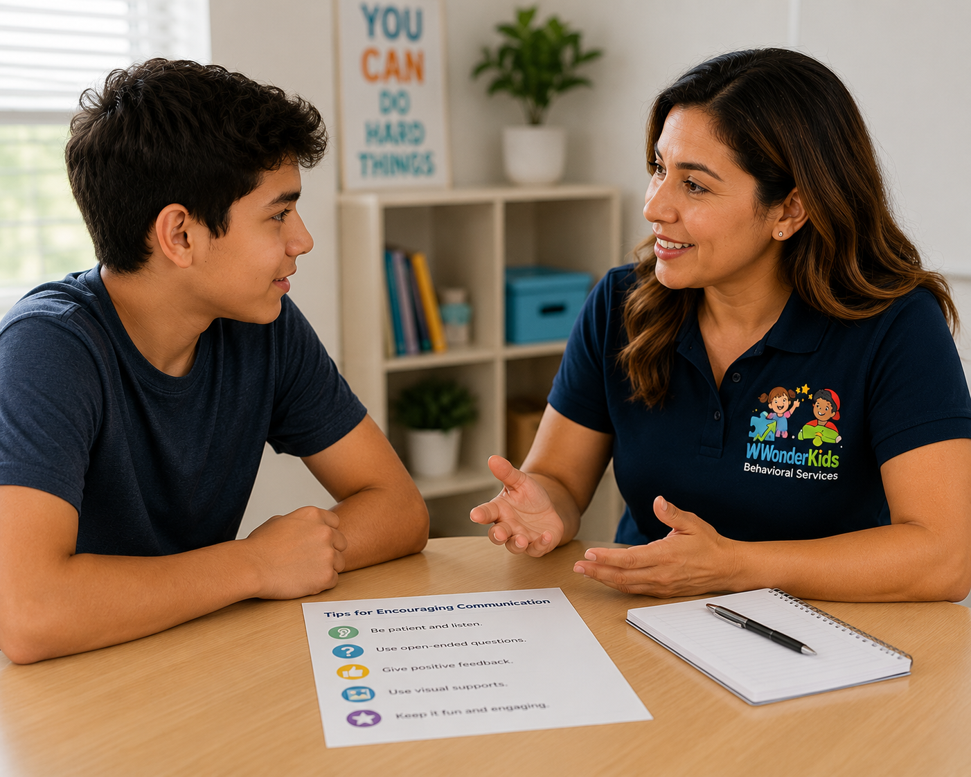 A teenage boy practicing communication skills with a behavioral therapist
